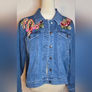 Virgen De Guadalupe new women's denim Blue jacket stretch Sz L /3D Floral Appliq